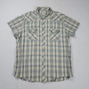 Lucky Brand Pearl Snap Shirt Men's Size 2XL Beige Plaid Button Down Short Sleeve